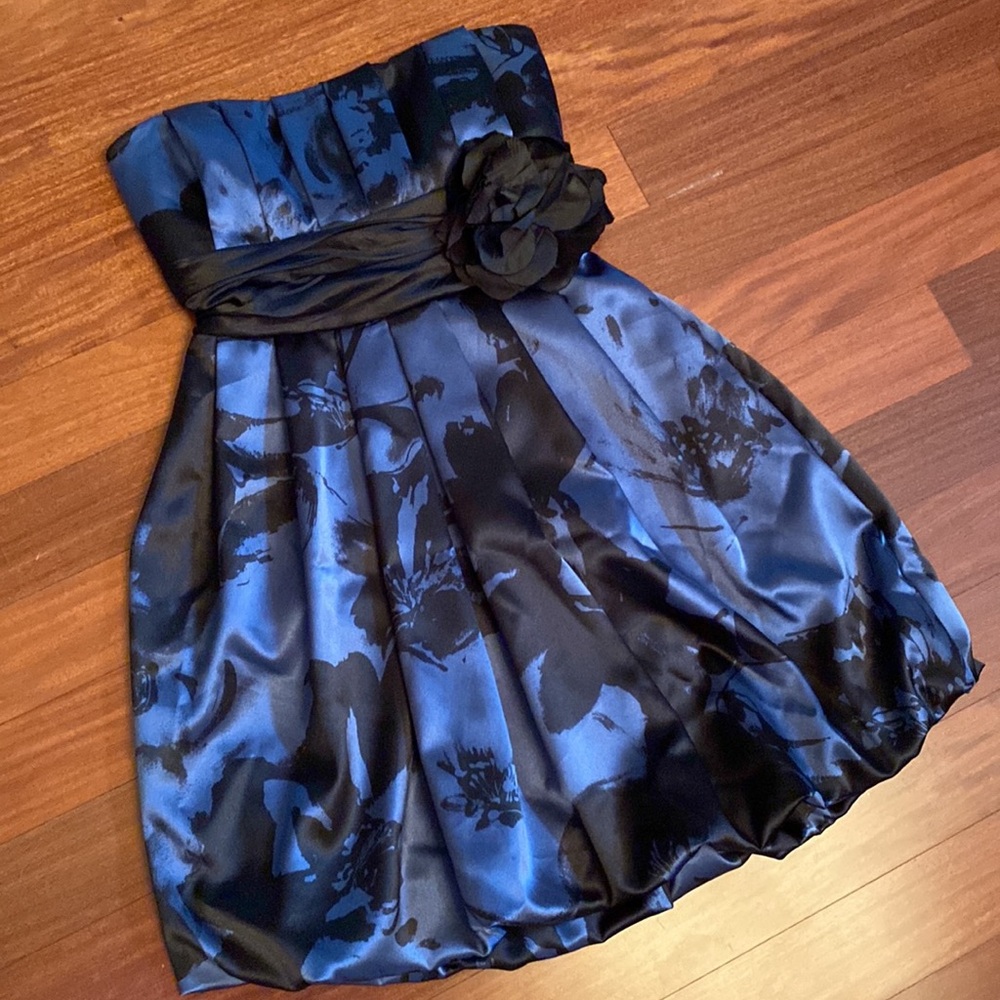 Speechless Blue/Black Print Strapless Party Bubble Dress w/Flower Size 9